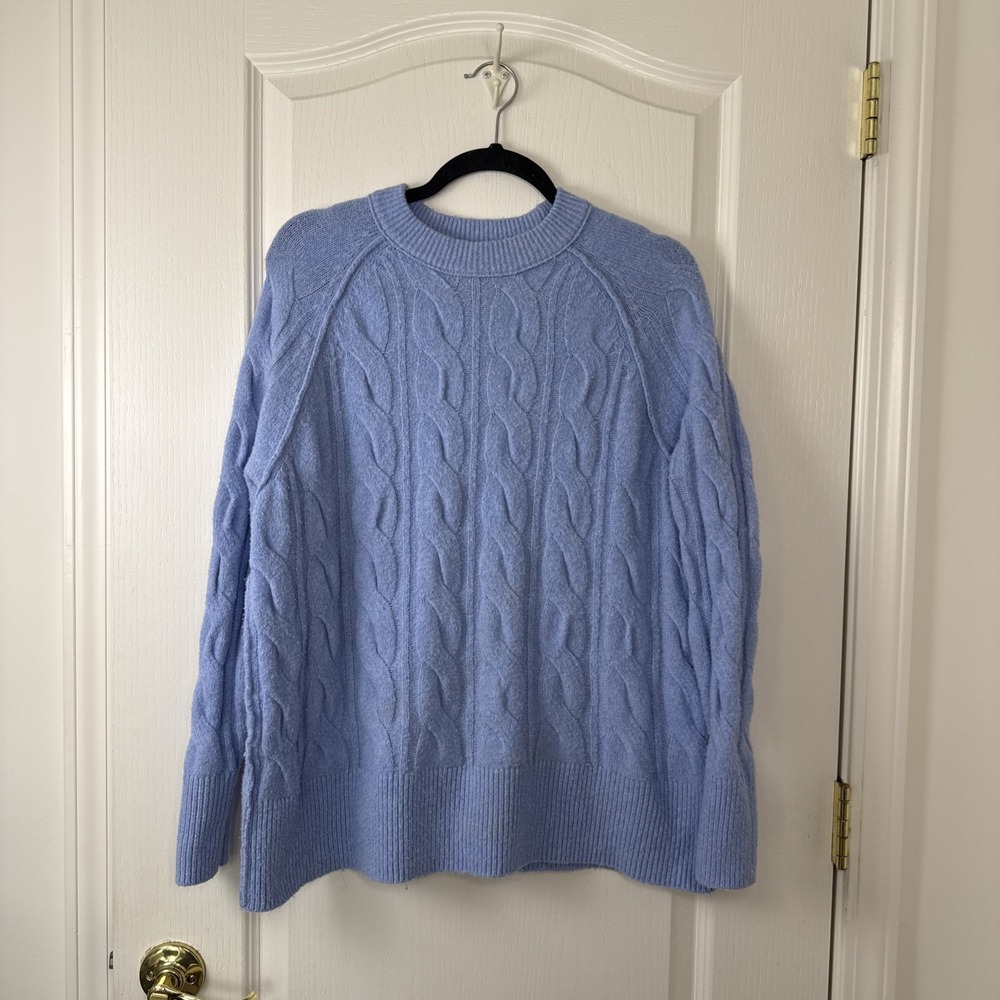 Aerie Women's Cable Knit Sweater XXS Oversized Light Blue Crew Neck Recycled